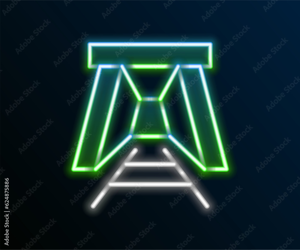 Glowing neon line Mine entrance icon isolated on black background. Colorful outline concept. Vector Glowing neon line Mine entrance icon isolated on black background. Colorful outline concept. Vector