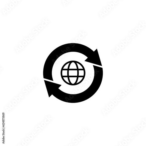 Globe with 2 sync arrows around, Worldwide. Flat Vector Icon illustration. Simple black symbol on white background. Globe with 2 sync arrows around sign design template for web and mobile UI element