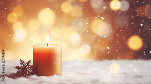 Burning chrismas candle im schnee christmas backgroun