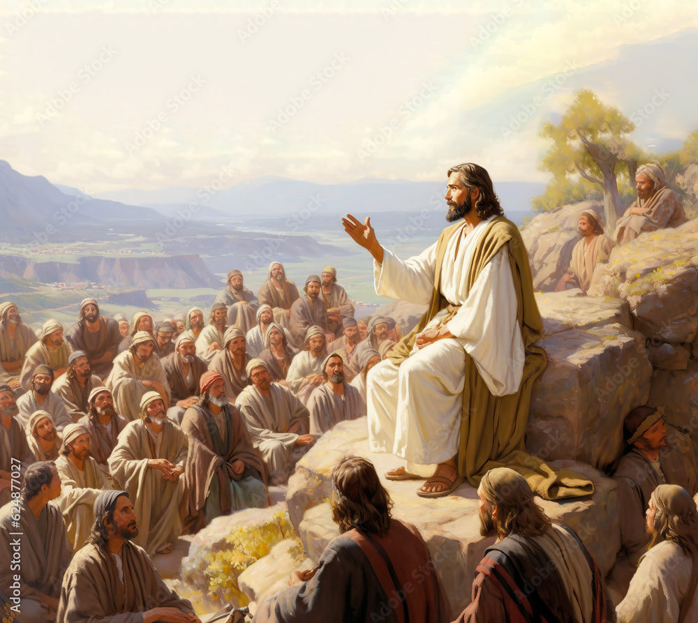Fototapeta premium Painting of Jesus Christ speaking to the crowd by parables next to the Jerusalem city Generative AI Illustration