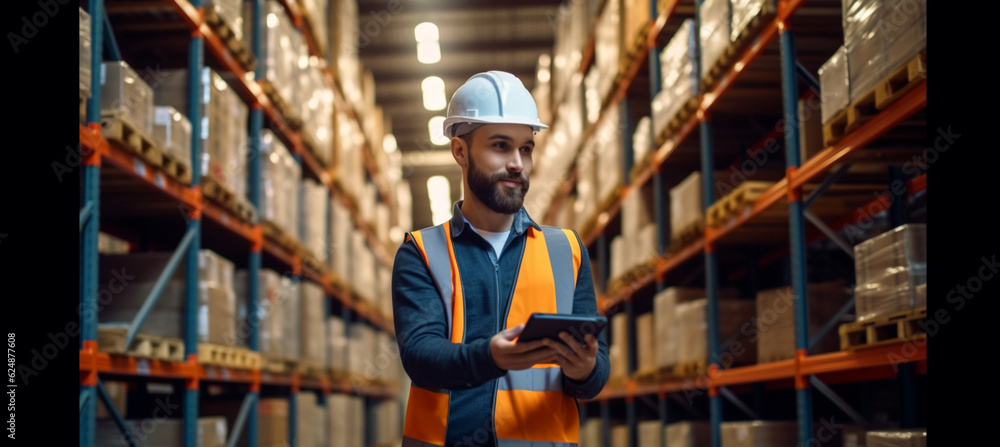 Fototapeta premium Handsome Male Worker Wearing Hard Hat Holding Digital Tablet Computer