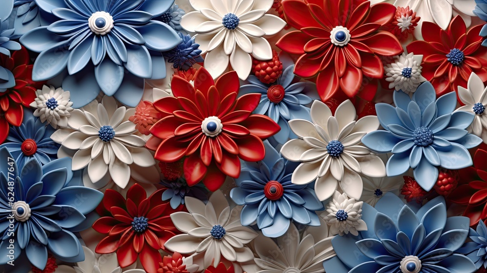 3D colorful red white blue flowers stack top view background 3D colorful red white blue flowers stack top view background
