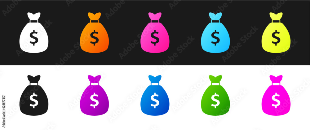 Set Money bag icon isolated on black and white background. Dollar or USD symbol. Cash Banking currency sign. Vector Set Money bag icon isolated on black and white background. Dollar or USD symbol. Cash Banking currency sign. Vector