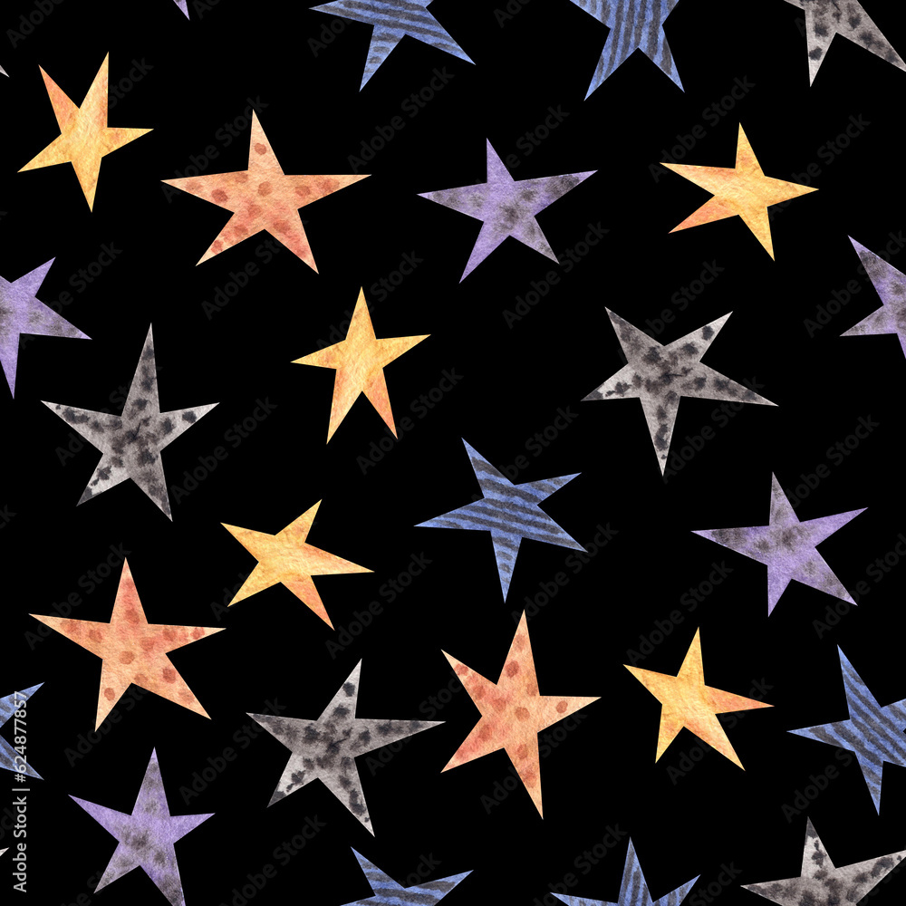 Watercolor seamless halloween party pattern with different violet, blue, orange stars with dots and stripes.October autumn black background as wrapping paper