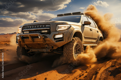Off-road rally in the desert in a four-wheel drive SUV, AI Generated photo
