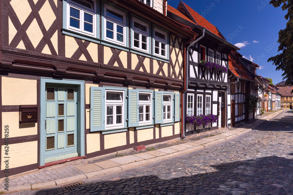 Beautiful facades of old German half-timbered houses in Wernigerode.