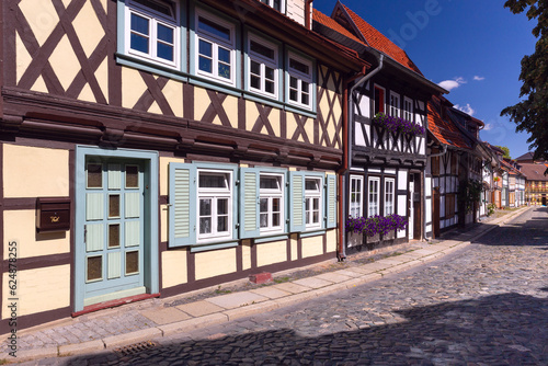 Beautiful facades of old German half-timbered houses in Wernigerode.