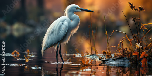 an egret is standing in lake, foggy forest, close look, wallpaper background image photo