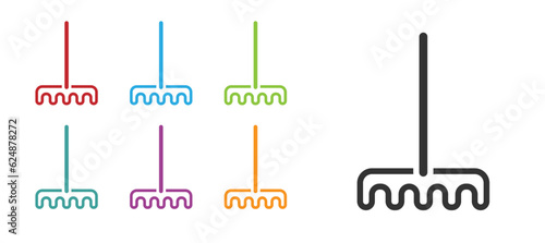 Black Garden rake icon isolated on white background. Tool for horticulture, agriculture, farming. Ground cultivator. Housekeeping equipment. Set icons colorful. Vector