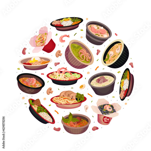 Asian Food and Cuisine Round Composition Design with Served Dish Vector Template