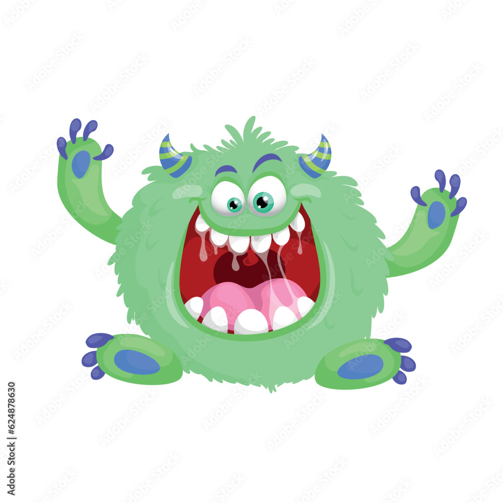 Fototapeta premium Cartoon cute green fluffy Monster. Design for print, party decoration, t-shirt, logo, emblem or stickers. Vector illustration.