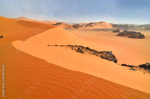 Panorama of the Algerian Sahara with dunes and 