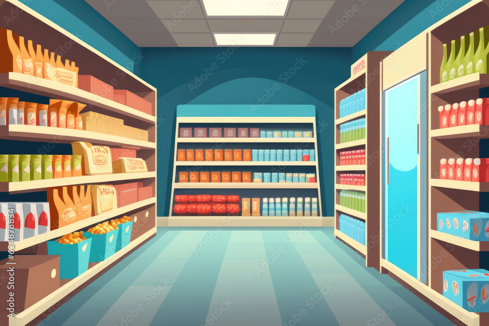 Aisle in grocery store and shelves with display shelf full of products to buy, cartoon style, AI generated Aisle in grocery store and shelves with display shelf full of products to buy, cartoon style, AI generated