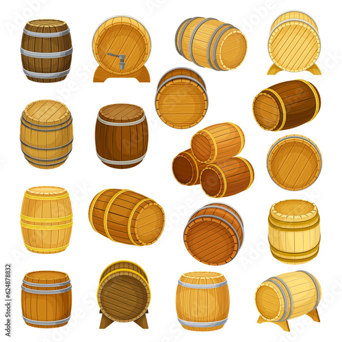 Wooden Barrel or Cask for Brewing Alcohol Big Vector Set
