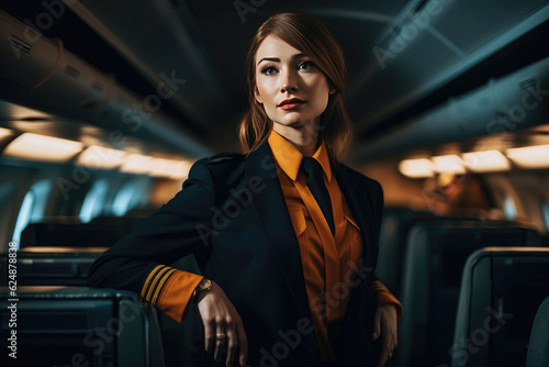 Beautiful  female stewardess at work on the airplane, generative AI