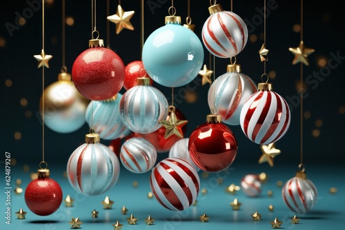 3d render of red and blue christmas balls with golden stars
