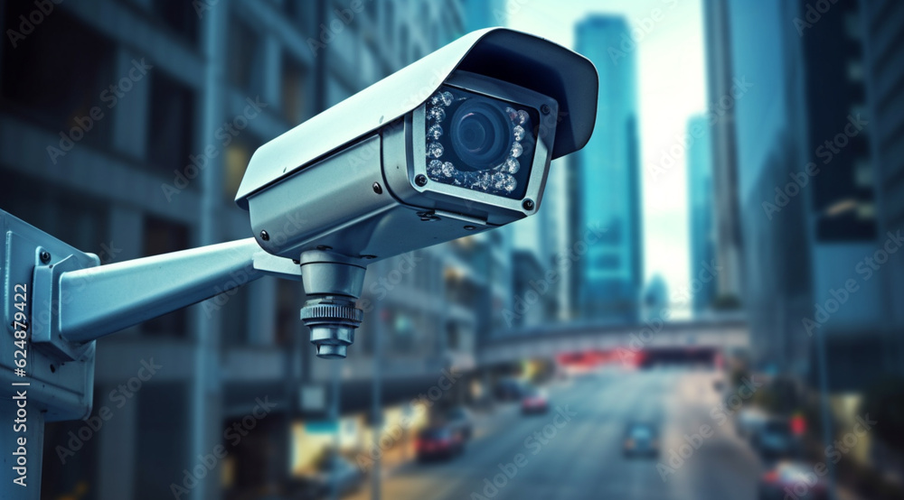 Modern of CCTV camera for monitoring surveillance and security on the wall with car park background Modern of CCTV camera for monitoring surveillance and security on the wall with car park background