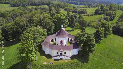 Wallpaper Mural Round Czech hill Chapel on green mountain. Stunning aerial top view flight drone Torontodigital.ca