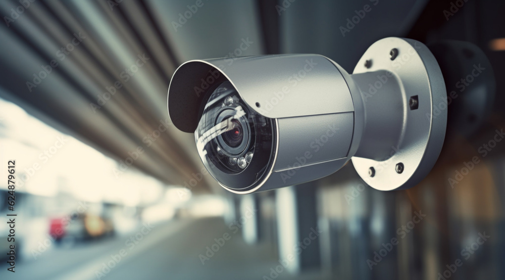 Modern of CCTV camera for monitoring surveillance and security on the wall with car park background