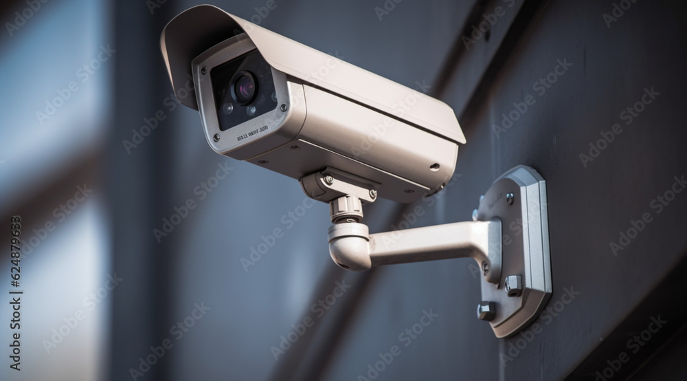 Modern of CCTV camera for monitoring surveillance and security on the wall with car park background Modern of CCTV camera for monitoring surveillance and security on the wall with car park background