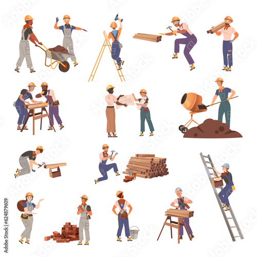 Man and Woman Builder Character Engaged in Construction Work Big Vector Set