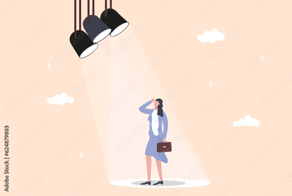 © passionart - Woman in spotlight. Employer choosing best professional in group of candidates, © passionart - Woman in spotlight. Employer choosing best professional in group of candidates,