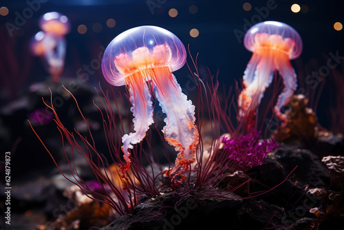 Bright glowing jellyfish on a coral reef, AI Generated © staras