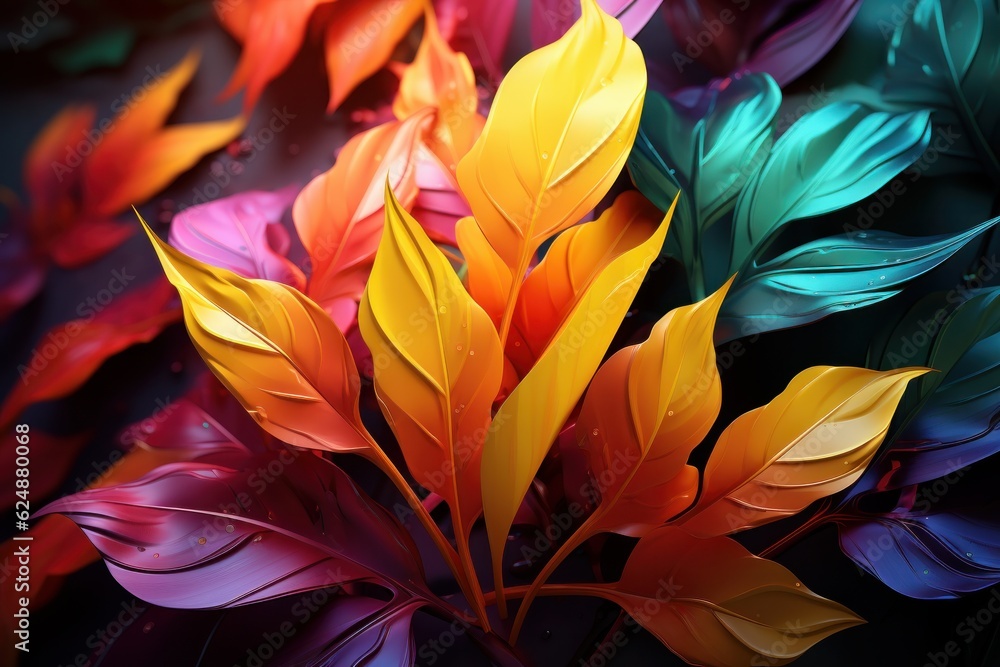 Abstract background with colorful leaves. 3D rendering, 3D illustration. Abstract background with colorful leaves. 3D rendering, 3D illustration.