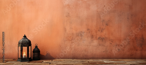 Old terracotta wall with lantern on wood table and empty space on design side