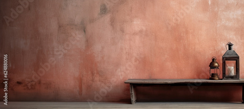 Old terracotta wall with lantern on wood table and empty space on design side © MUS_GRAPHIC