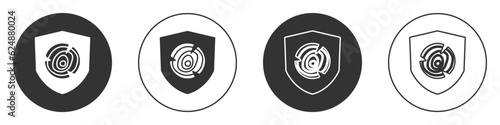 Black Wooden logs icon isolated on white background. Stack of firewood. Circle button. Vector