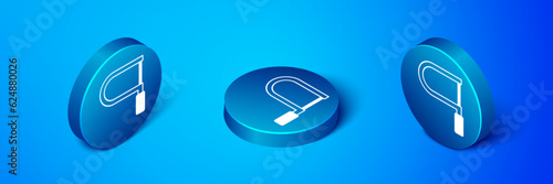 Isometric Hacksaw icon isolated on blue background. Metal saw for wood and metal. Blue circle button. Vector