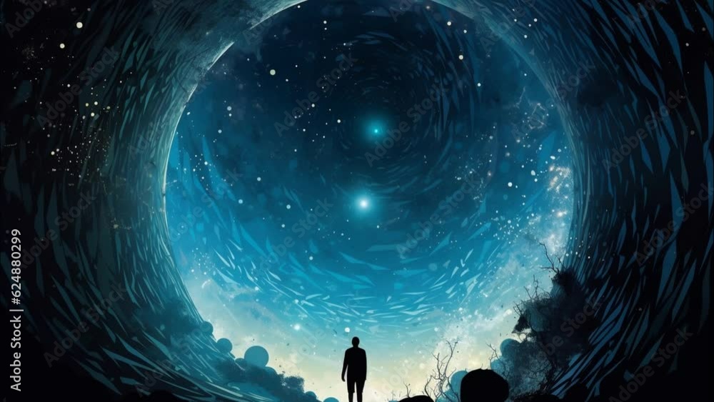 man looks at distant stars in a parallel universe