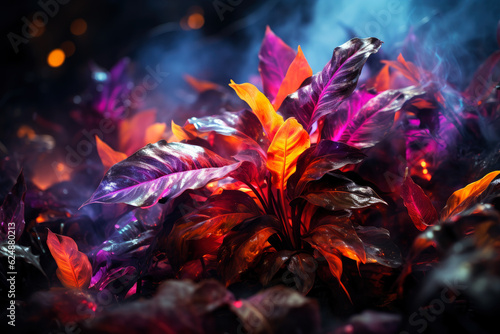 Fantasy fairy tale wallpaper with flame, smoke, purple forest, blooming flowers and plants, fabulous garden and night background, AI Generated