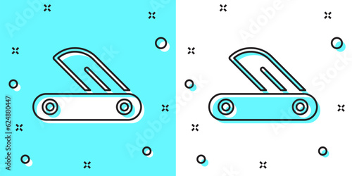 Black line Swiss army knife icon isolated on green and white background. Multi-tool, multipurpose penknife. Multifunctional tool. Random dynamic shapes. Vector