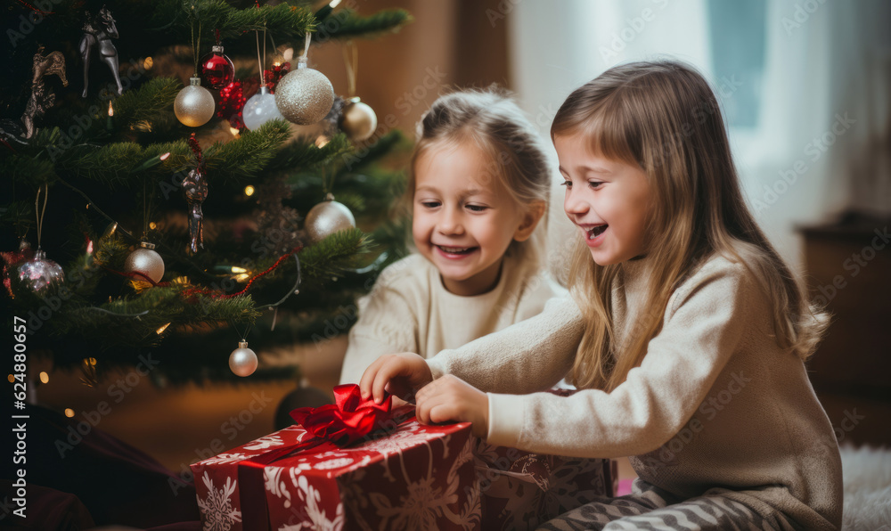 Two sisters open presents on Christmas day in front of the christmas tree Two sisters open presents on Christmas day in front of the christmas tree
