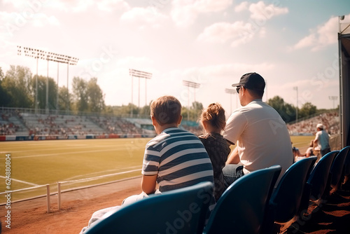 father with children at the stadium watching a sports match on a summer day