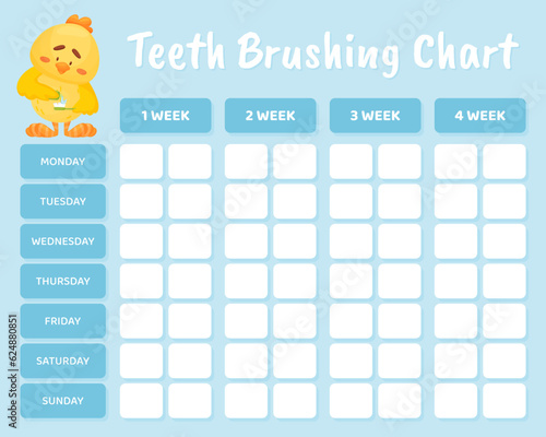 Teeth Brushing Chart with Cute Yellow Chicken Character Vector Template