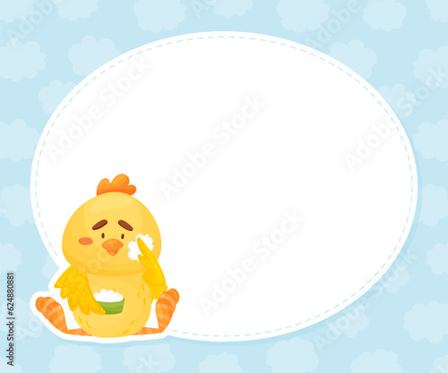 Oval Note Card with Cute Yellow Chicken Character Apply Cream Vector Template