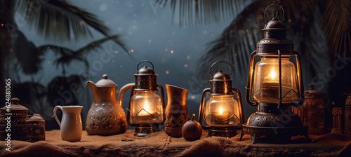 Ramadan background for Ramadan lantern, Arabic coffee pot and cups with palm leaves in a room made of old mud and foggy lighting