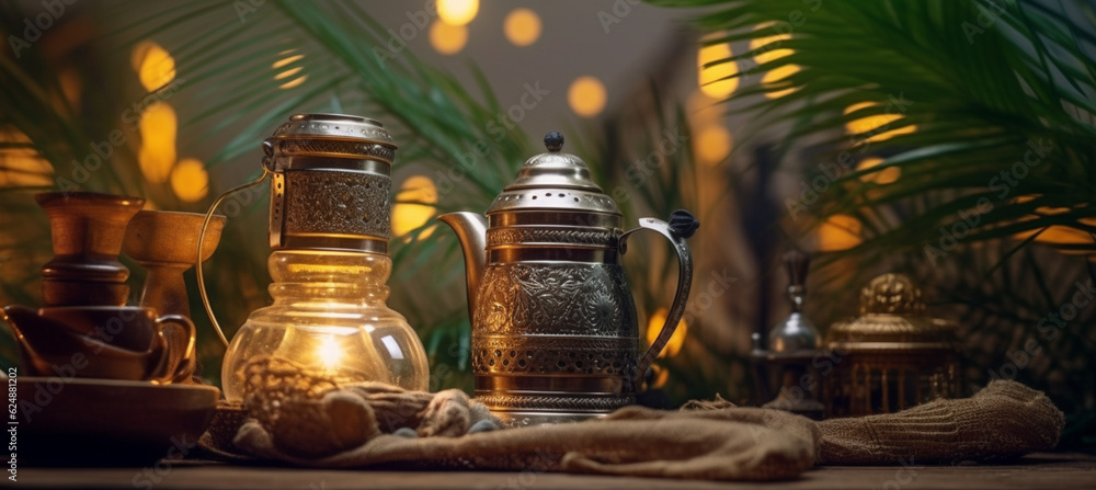 Ramadan background for Ramadan lantern, Arabic coffee pot and cups with palm leaves in a room made of old mud and foggy lighting Ramadan background for Ramadan lantern, Arabic coffee pot and cups with palm leaves in a room made of old mud and foggy lighting