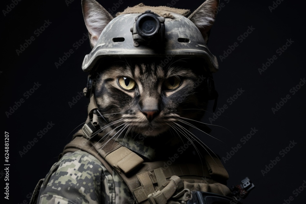 Portrait of a cat in an army military uniform isolated on a black background. Portrait of a cat in an army military uniform isolated on a black background.
