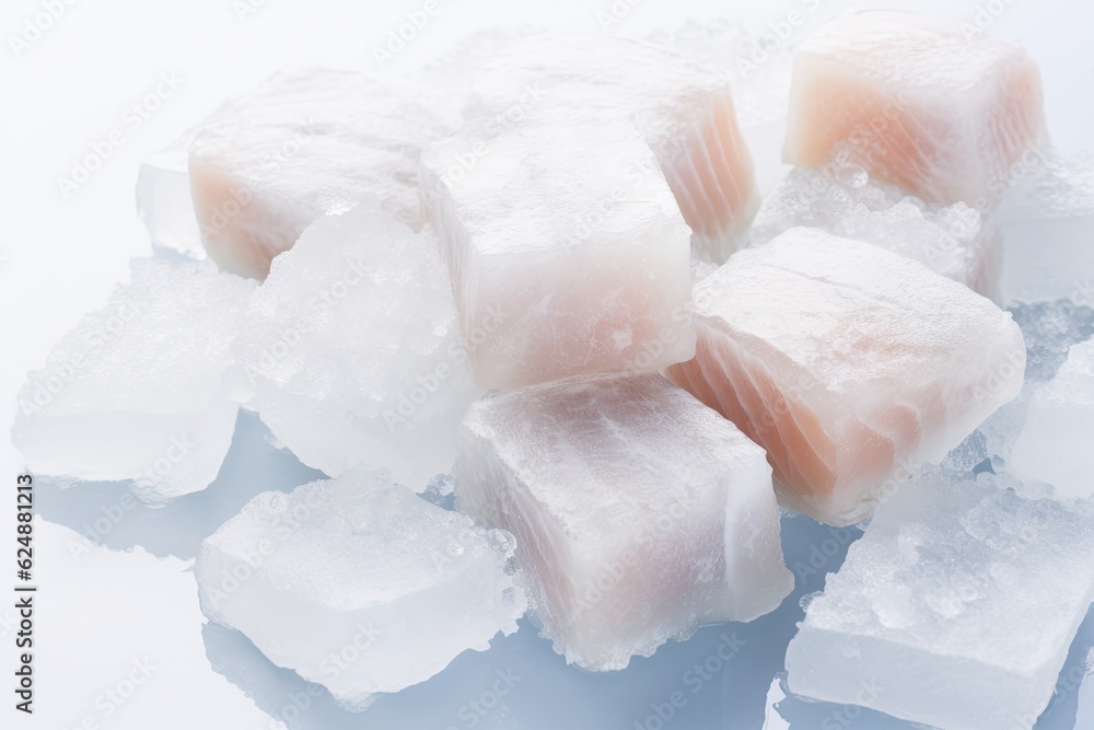 Pieces of white fish fillet on ice cubes on a blue background.