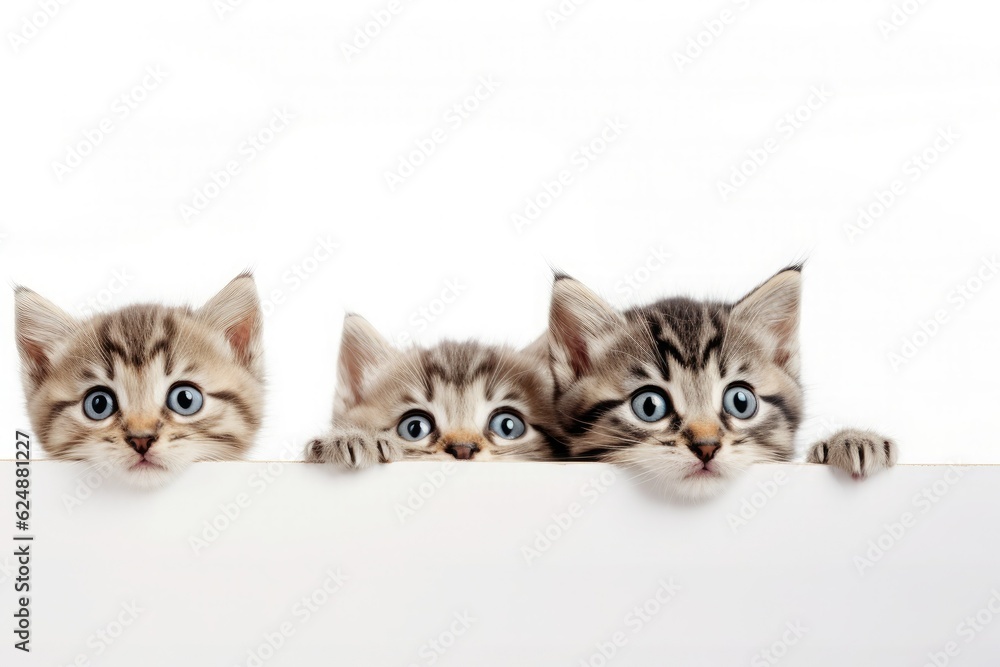 Three kittens peek behind a white banner isolated on a white background.