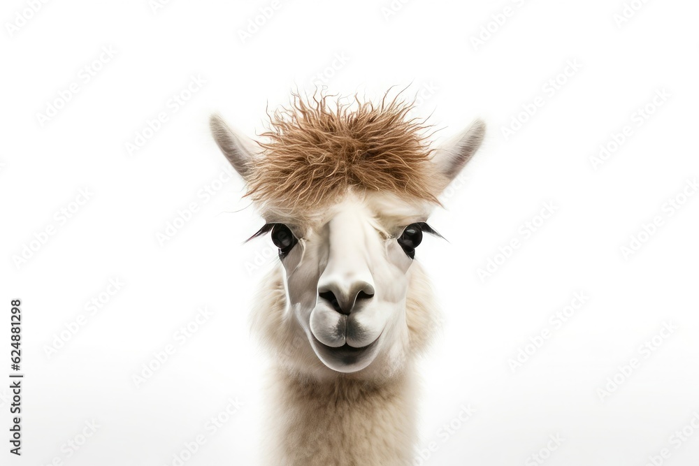 Portrait of an alpaca on a white background.