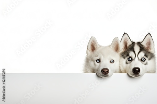 Two husky dogs peek behind a white banner on a white background. photo