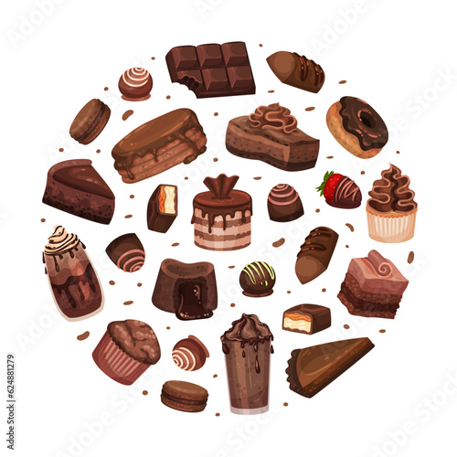 Chocolate Dessert Round Composition Design with Sweet Pastry Vector Template