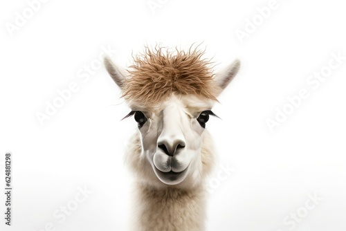Portrait of an alpaca on a white background.