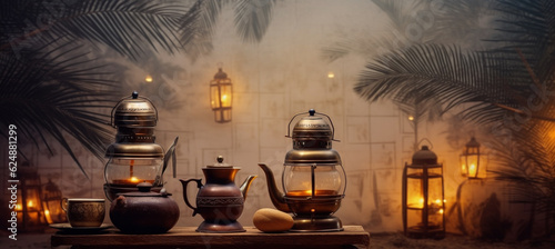 Ramadan background for Ramadan lantern  Arabic coffee pot and cups with palm leaves in a room made of old mud and foggy lighting