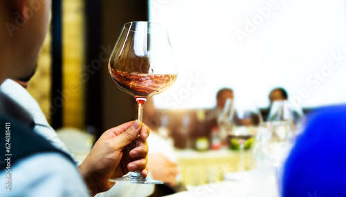 Foto Unrecognizable man holding  glass of red wine at dinner